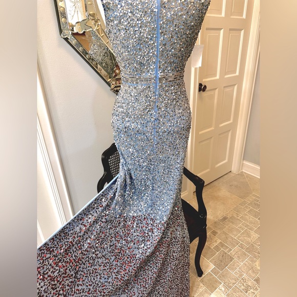 NWT Mac Duggal Gorgeous Blue Goddess Sexy Seqin To The Floor High Slit Gown - Picture 15 of 16